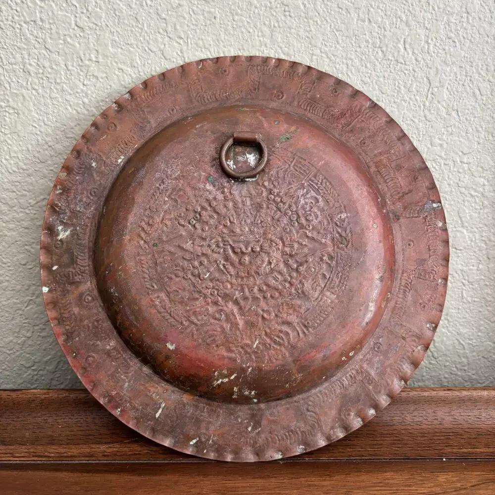 Antique Vintage Solid Copper Decorative Plate Mayan Aztec with Patina Home Decor
